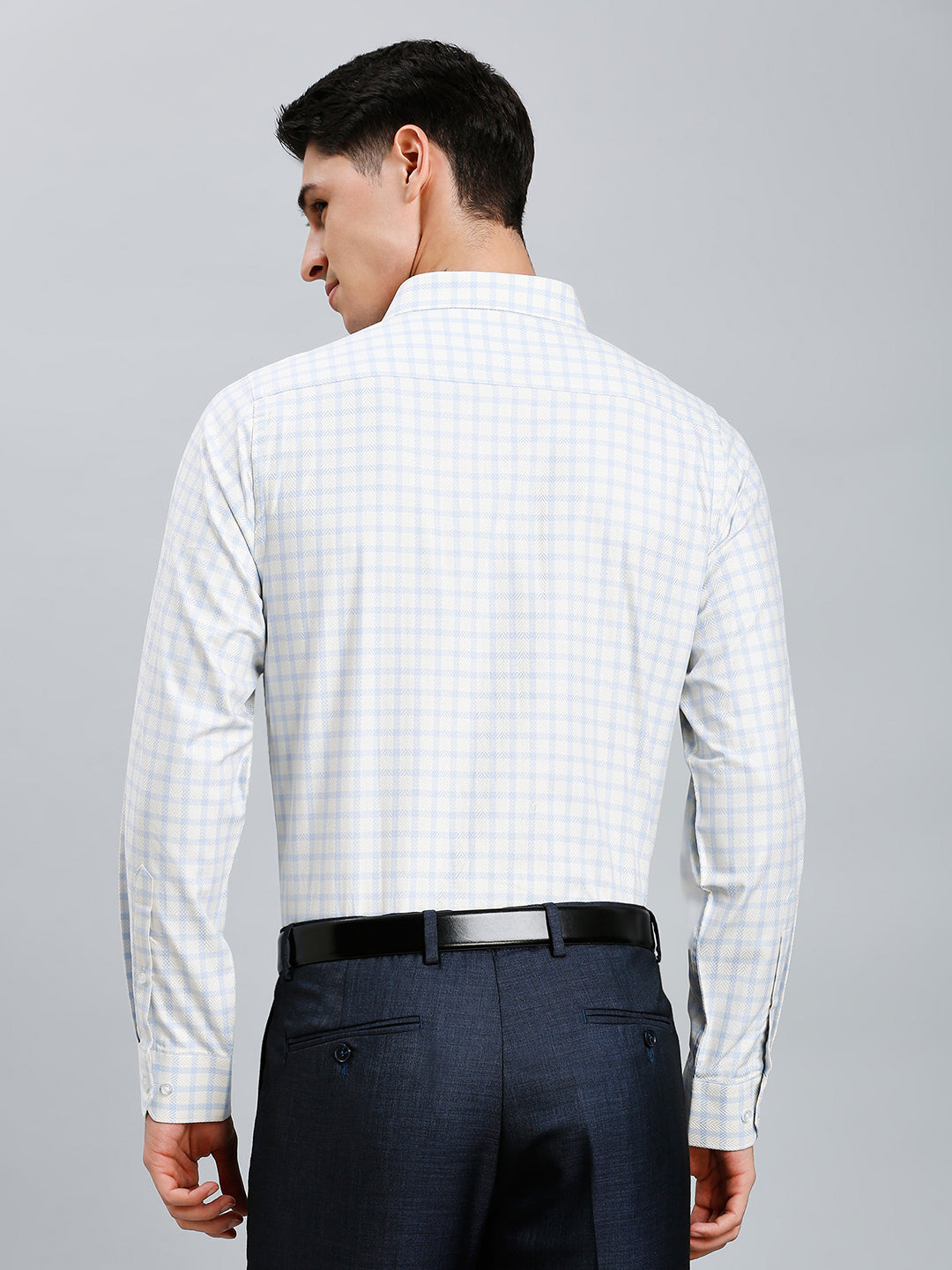 Beige & Blue Dobby Checks 100% Cotton Slim Fit Formal Full Sleeve Shirt