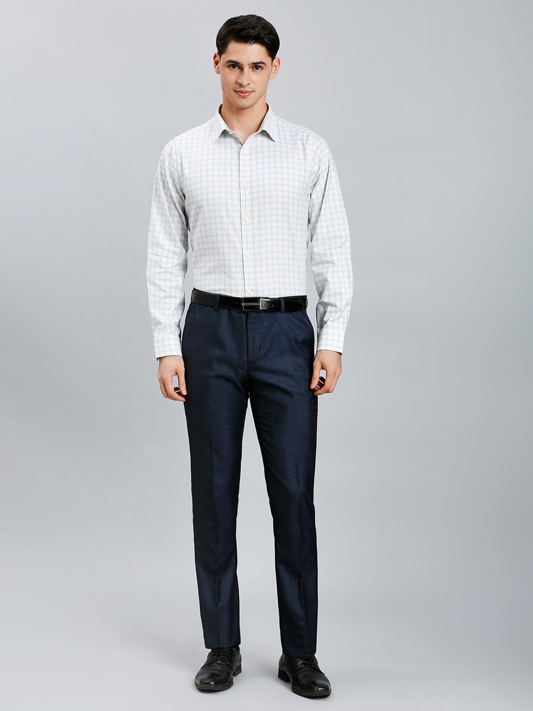 Beige & Blue Dobby Checks 100% Cotton Slim Fit Formal Full Sleeve Shirt