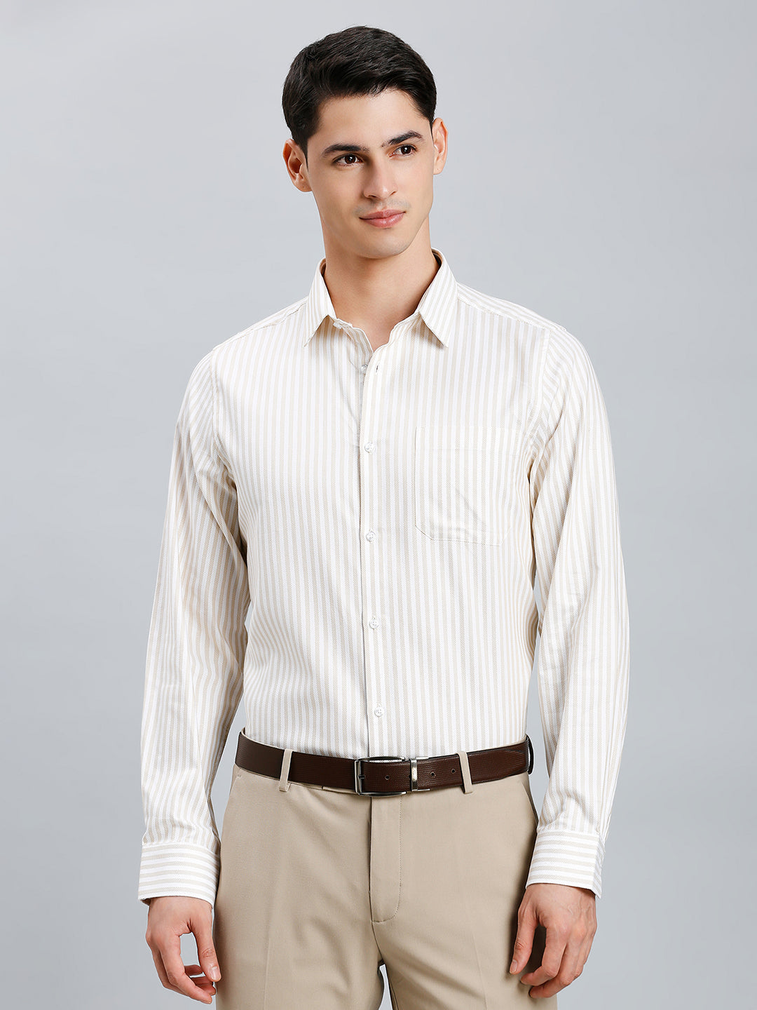White & Khaki Dobby Stripe 100% Cotton Slim Fit Formal Full Sleeve Shirt