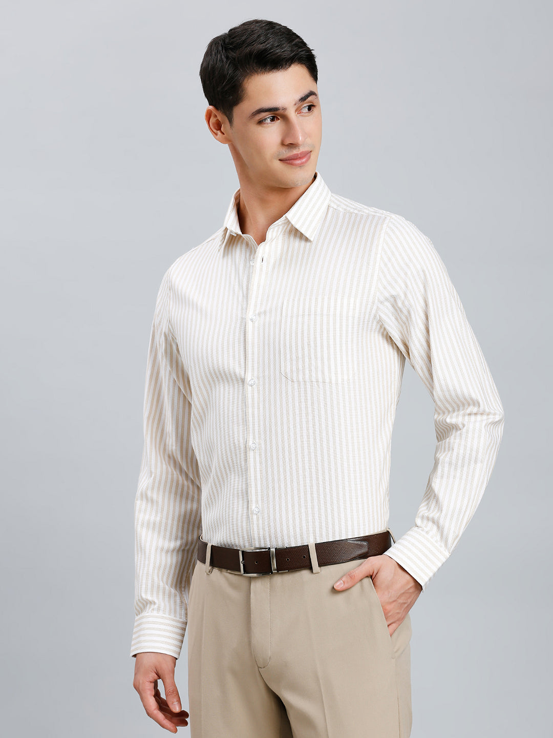White & Khaki Dobby Stripe 100% Cotton Slim Fit Formal Full Sleeve Shirt