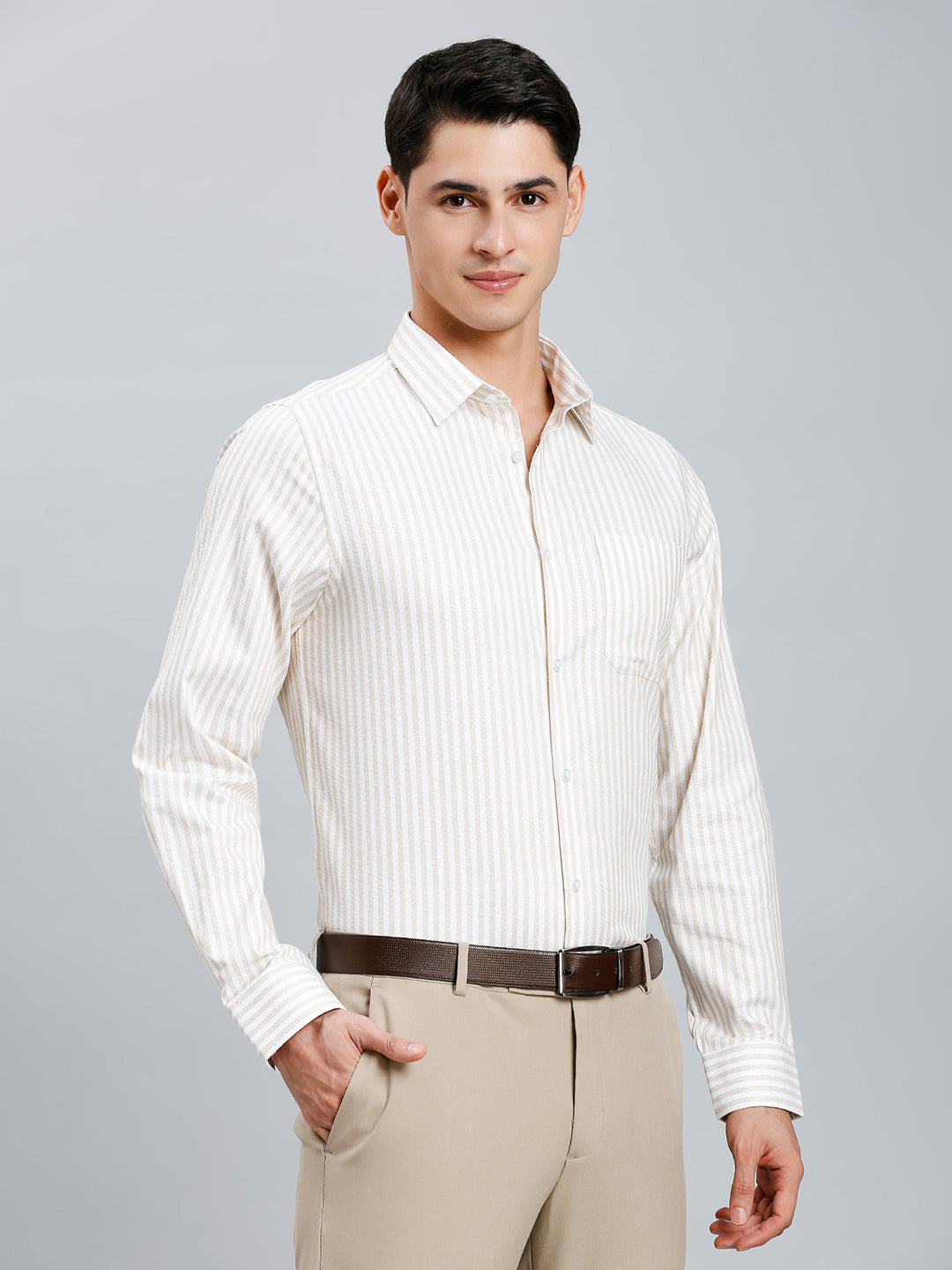 White & Khaki Dobby Stripe 100% Cotton Slim Fit Formal Full Sleeve Shirt