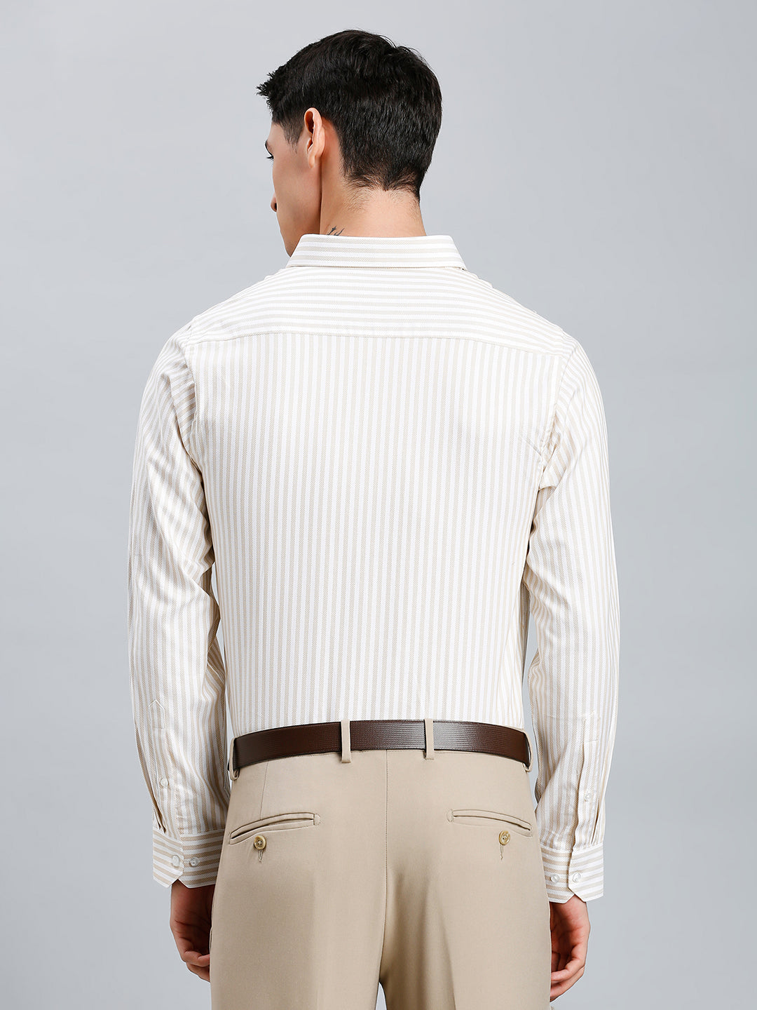 White & Khaki Dobby Stripe 100% Cotton Slim Fit Formal Full Sleeve Shirt