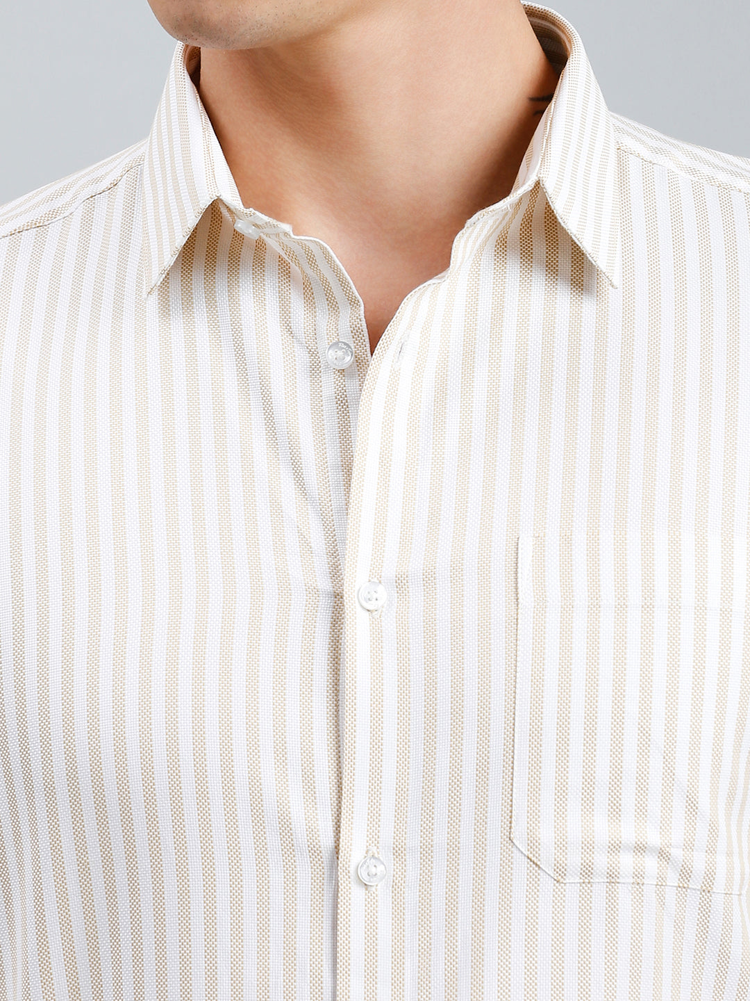 White & Khaki Dobby Stripe 100% Cotton Slim Fit Formal Full Sleeve Shirt