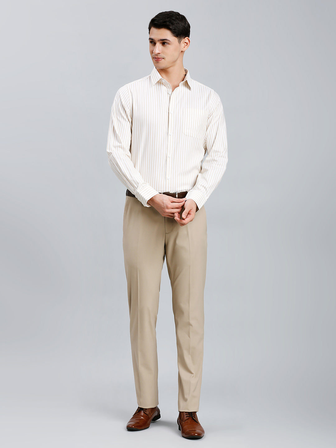 White & Khaki Dobby Stripe 100% Cotton Slim Fit Formal Full Sleeve Shirt