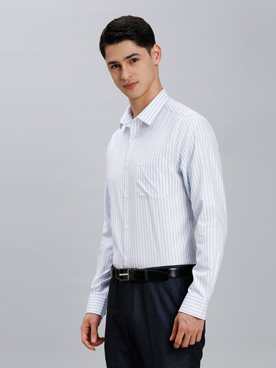 Men's Pure Cotton Dobby Stripe Dobby Stripe Slim Fit Full Sleeve Formal Shirt - White & Blue