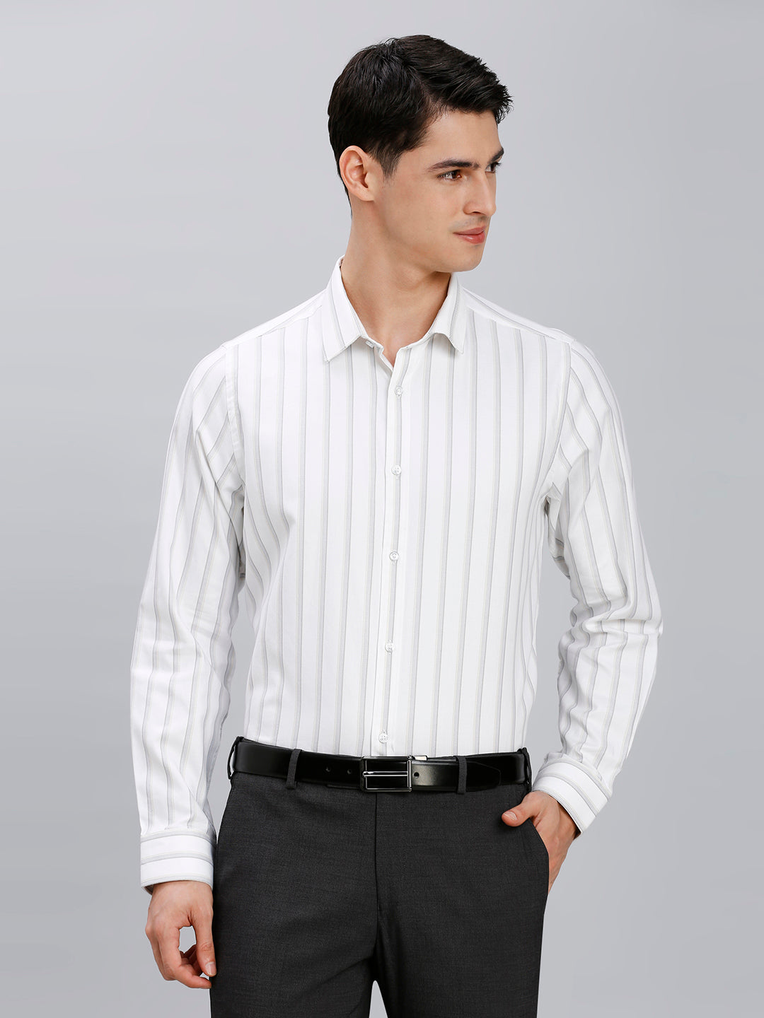 White & Beige Dobby Stripe 100% Cotton Slim Fit Formal Full Sleeve Shirt