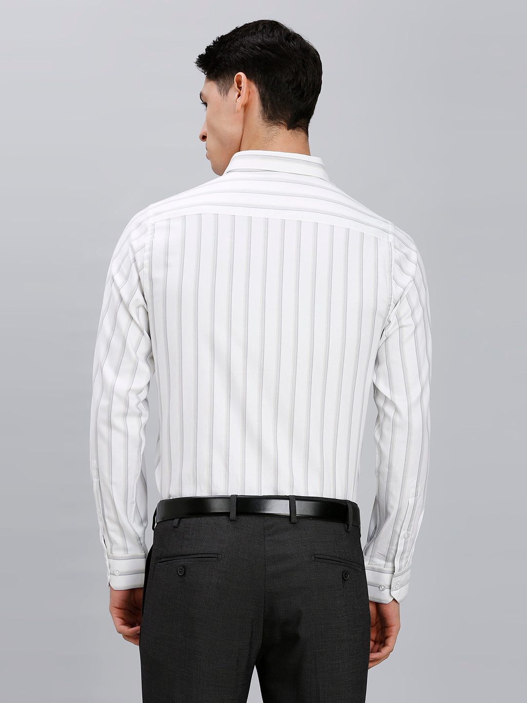 White & Beige Dobby Stripe 100% Cotton Slim Fit Formal Full Sleeve Shirt