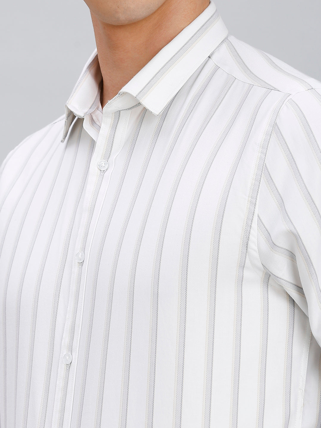 White & Beige Dobby Stripe 100% Cotton Slim Fit Formal Full Sleeve Shirt