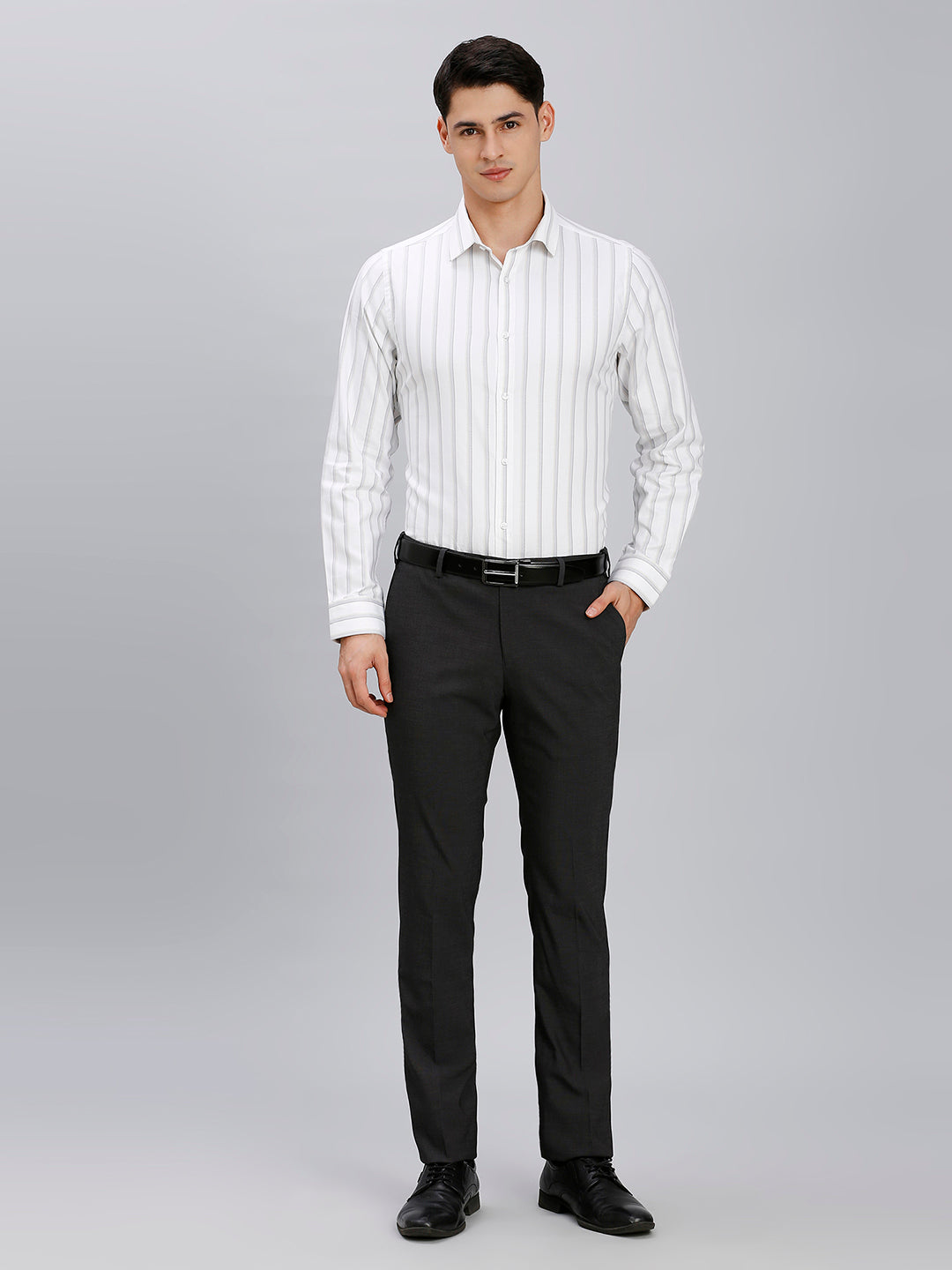 White & Beige Dobby Stripe 100% Cotton Slim Fit Formal Full Sleeve Shirt