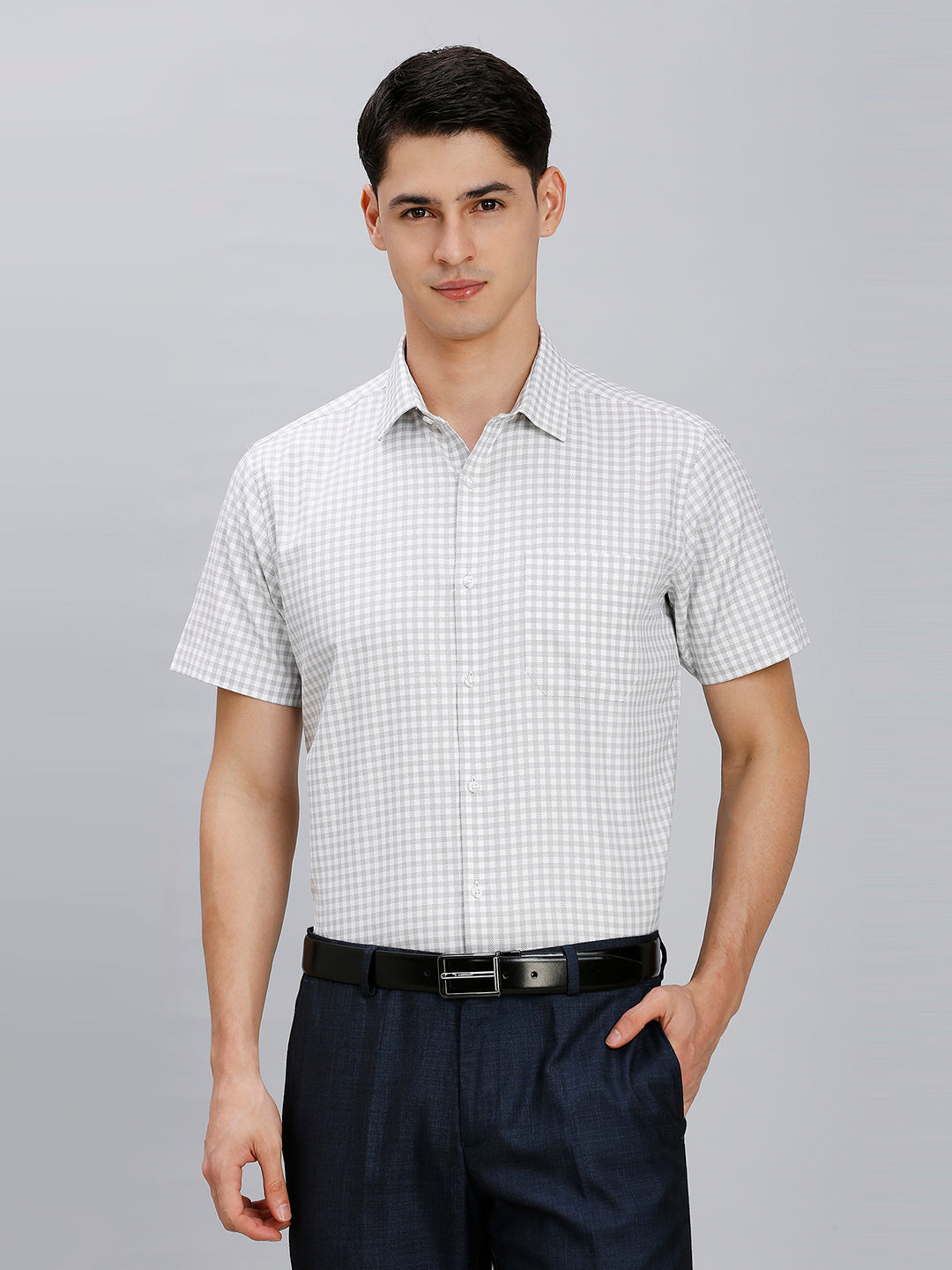 White & Grey Checks 100% Cotton Regular Fit Formal Half Sleeve Shirt