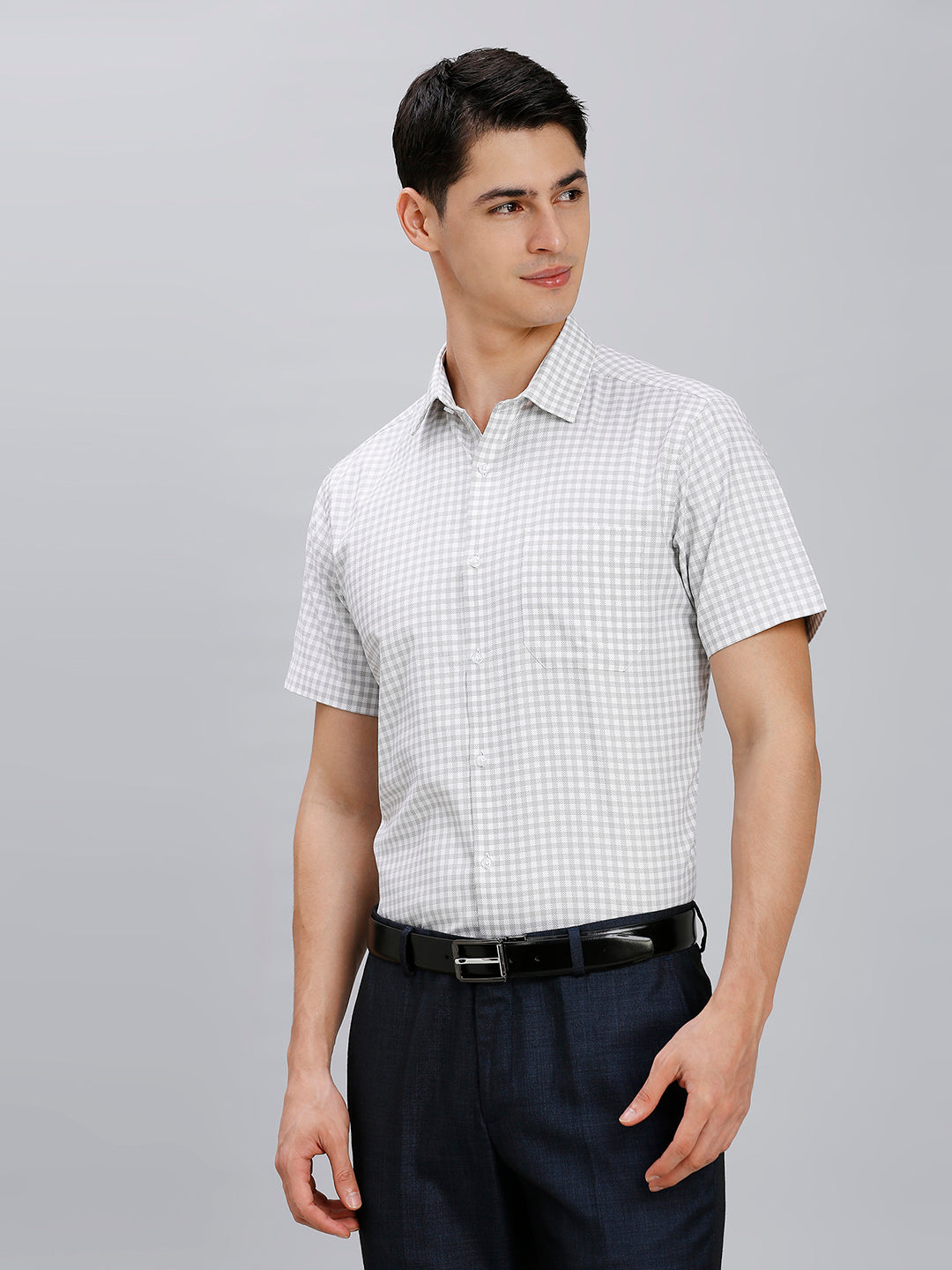 White & Grey Checks 100% Cotton Regular Fit Formal Half Sleeve Shirt