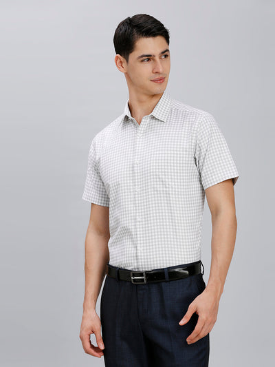 Men's Pure Cotton Checks Regular Fit Half Sleeve Formal Shirt - White & Grey