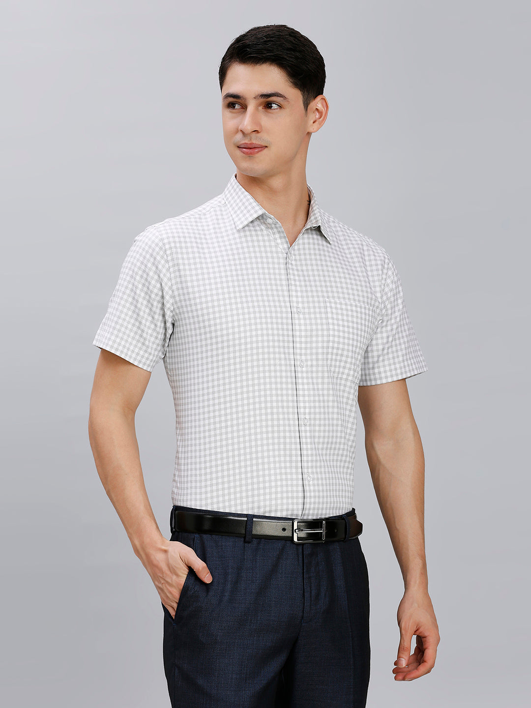 White & Grey Checks 100% Cotton Regular Fit Formal Half Sleeve Shirt