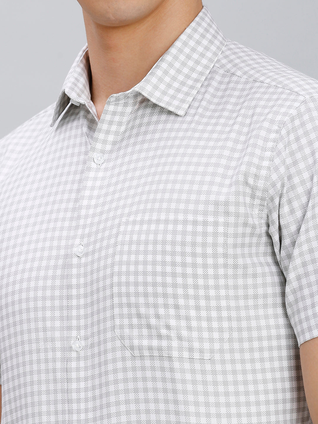 White & Grey Checks 100% Cotton Regular Fit Formal Half Sleeve Shirt