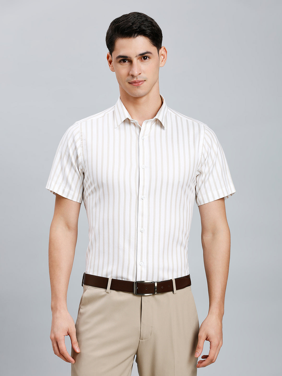 White & Khakhi Stripe 100% Cotton Slim Fit Formal Half Sleeve Shirt