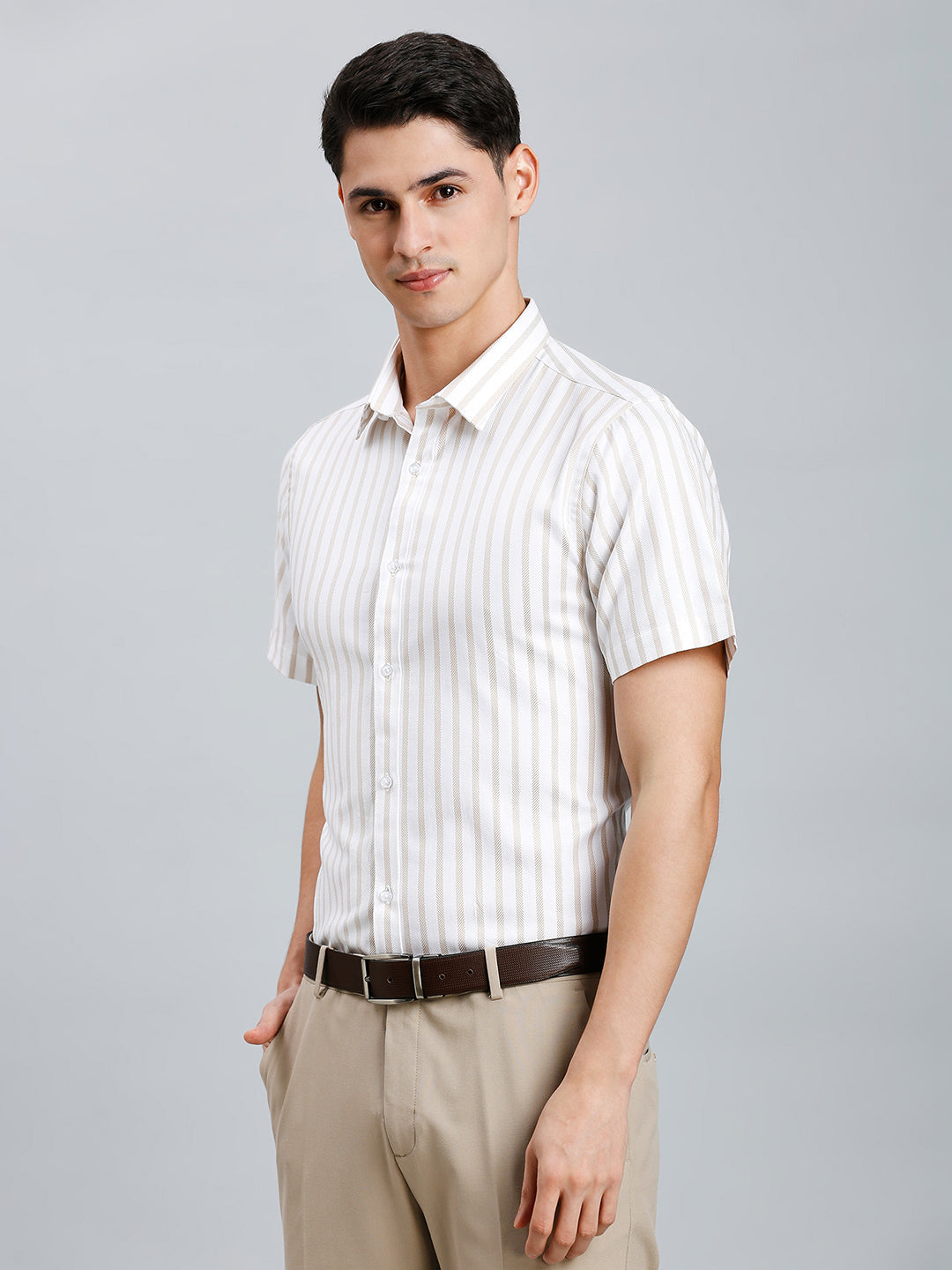 White & Khakhi Stripe 100% Cotton Slim Fit Formal Half Sleeve Shirt