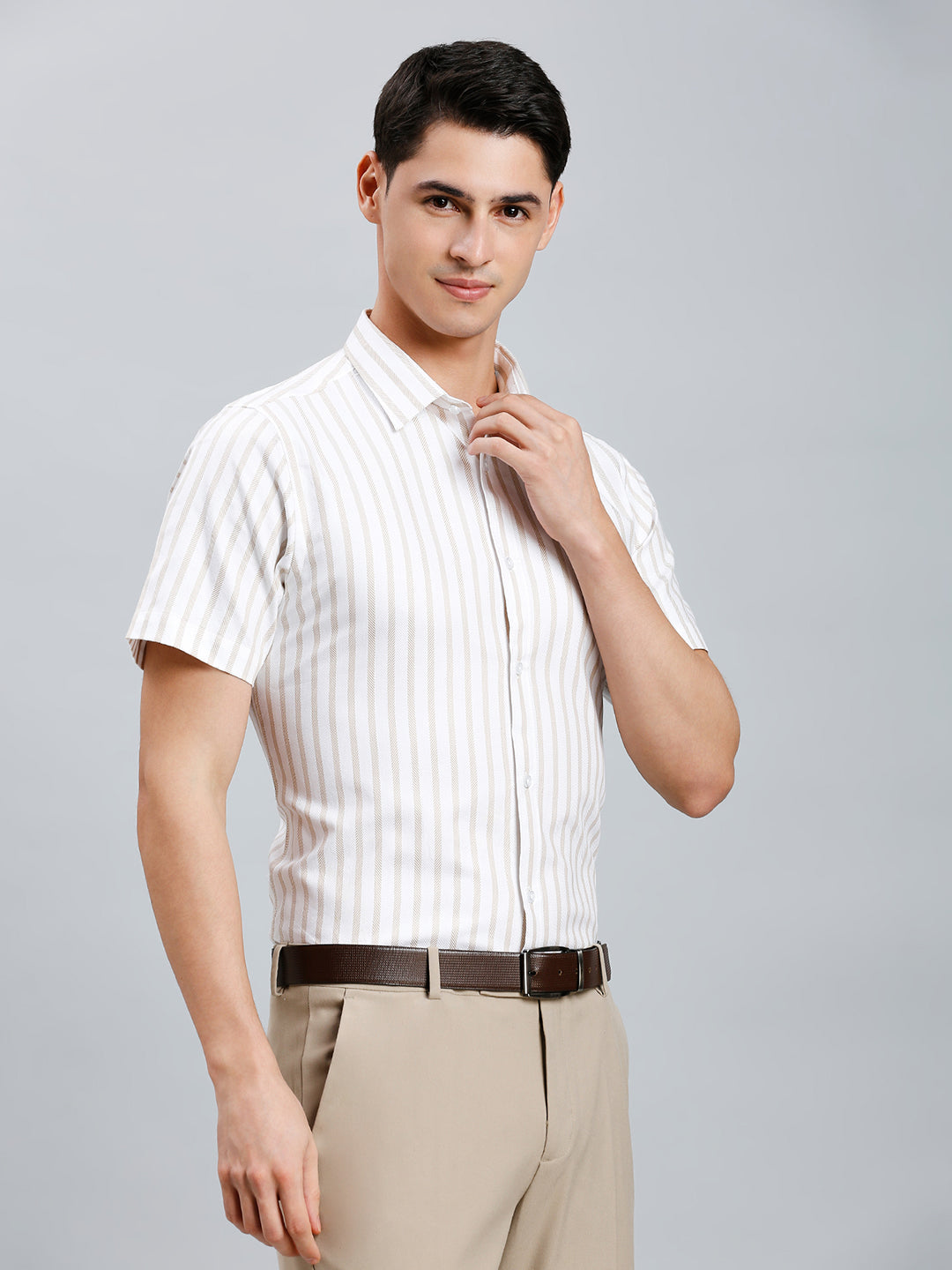 White & Khakhi Stripe 100% Cotton Slim Fit Formal Half Sleeve Shirt