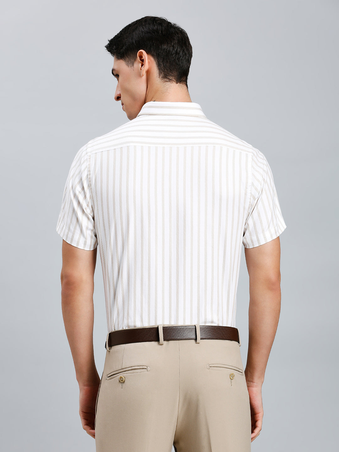 White & Khakhi Stripe 100% Cotton Slim Fit Formal Half Sleeve Shirt