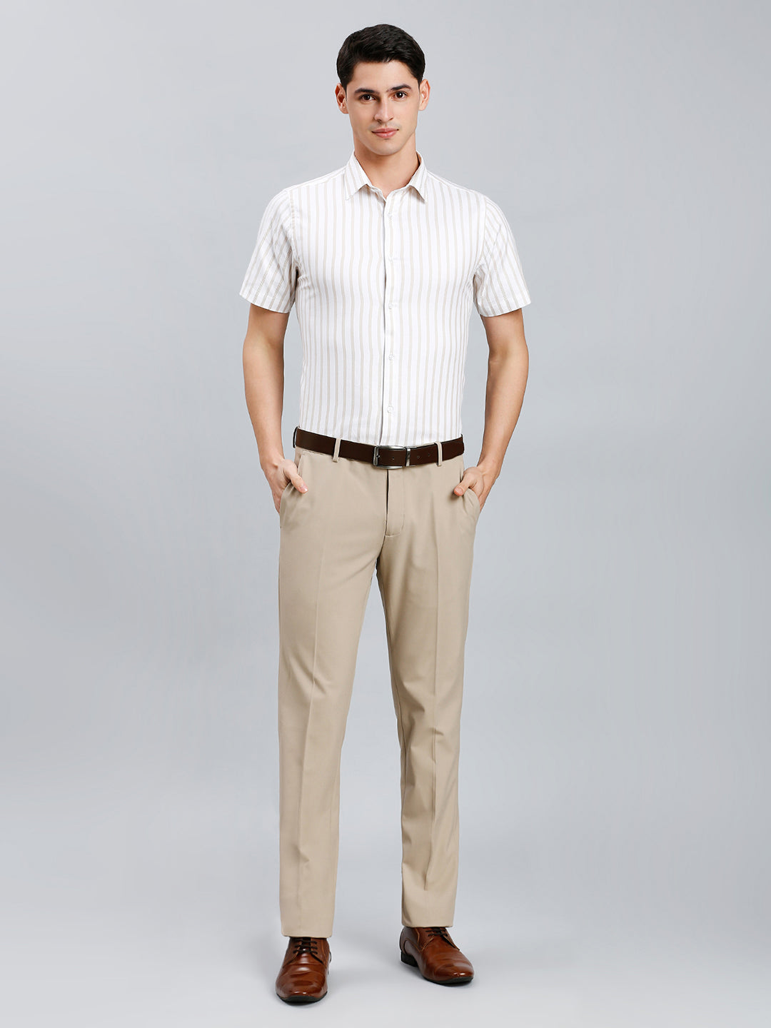 White & Khakhi Stripe 100% Cotton Slim Fit Formal Half Sleeve Shirt