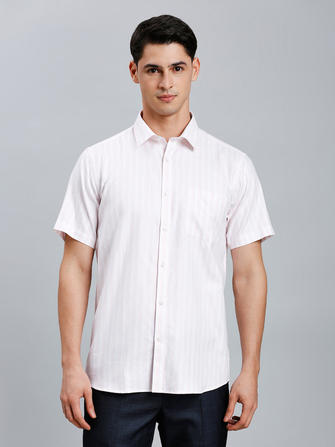 White & Pink Stripe 100% Cotton Regular Fit Formal Half Sleeve Shirt