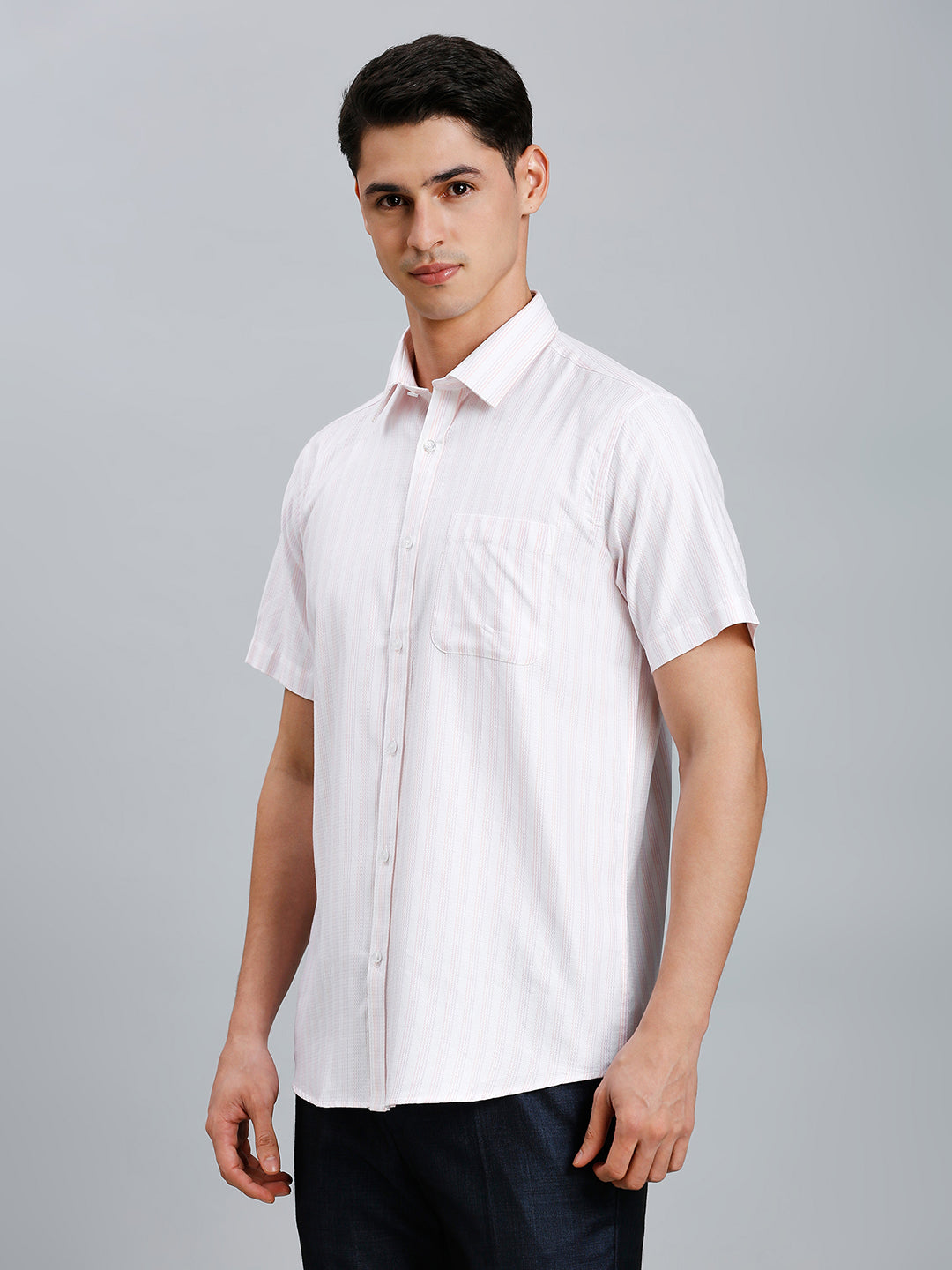 White & Pink Stripe 100% Cotton Regular Fit Formal Half Sleeve Shirt