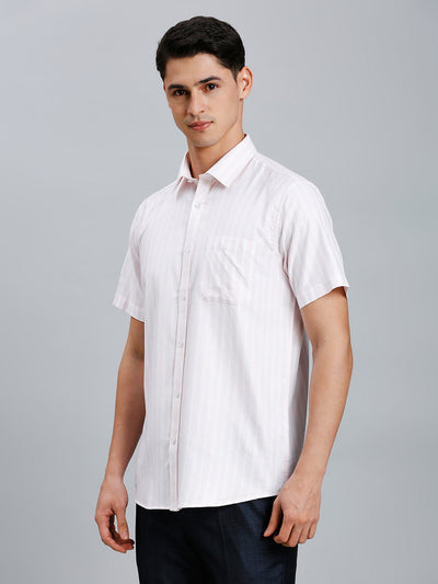 Men's Pure Cotton Stripe Stripe Regular Fit Half Sleeve Formal Shirt - White & Pink