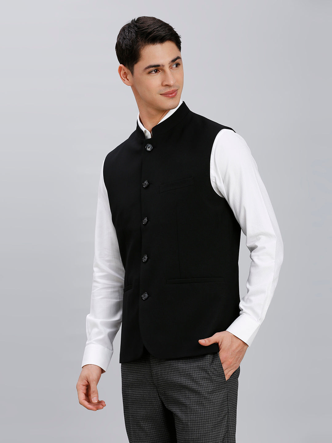 Black Plain Poly Viscose Elastane Tailor Fit Formal S/Less Waistcoat