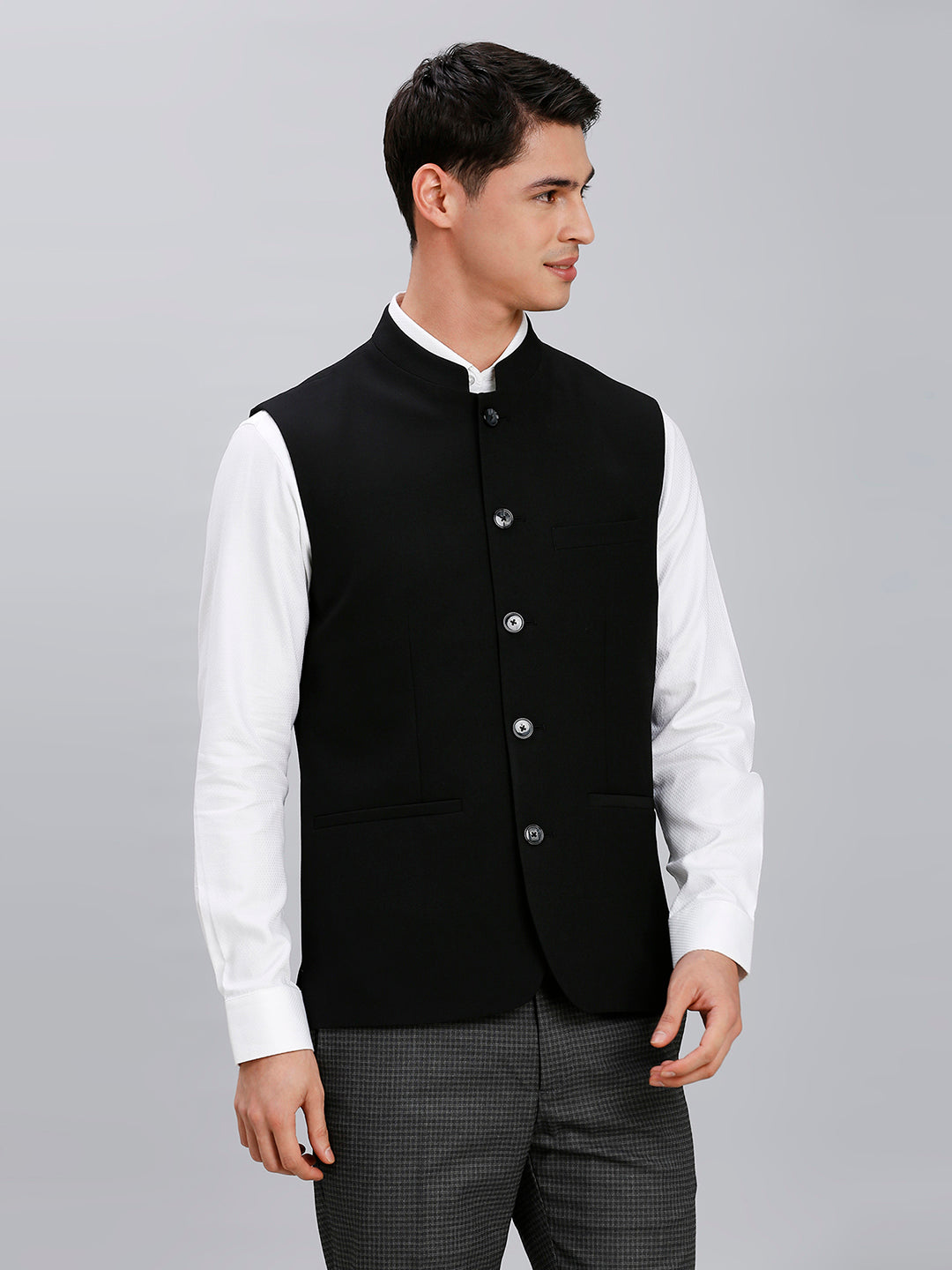 Black Plain Poly Viscose Elastane Tailor Fit Formal S/Less Waistcoat