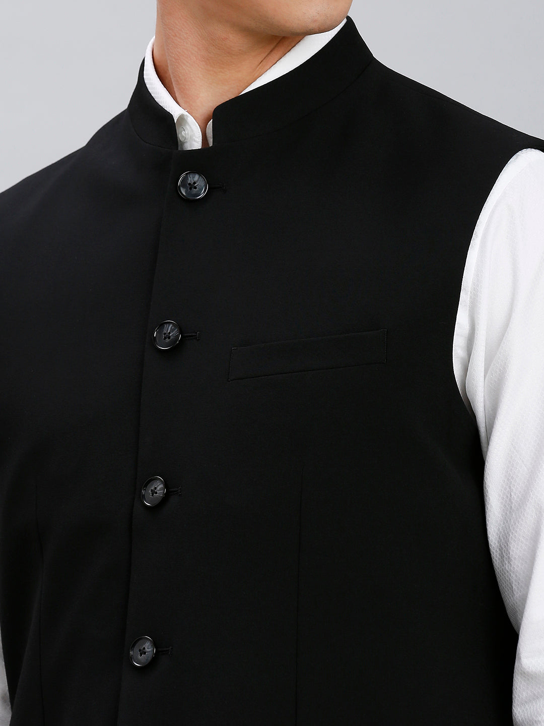 Black Plain Poly Viscose Elastane Tailor Fit Formal S/Less Waistcoat