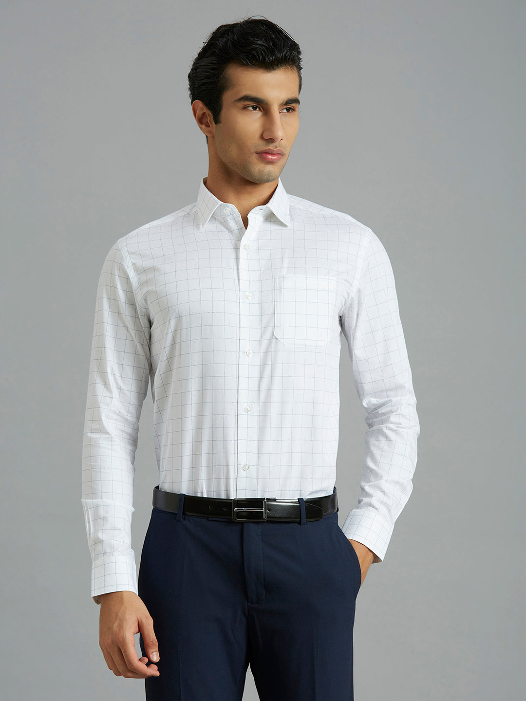 White & Navy Checks Pima Cotton Regular Fit Formal Full Sleeve Shirt