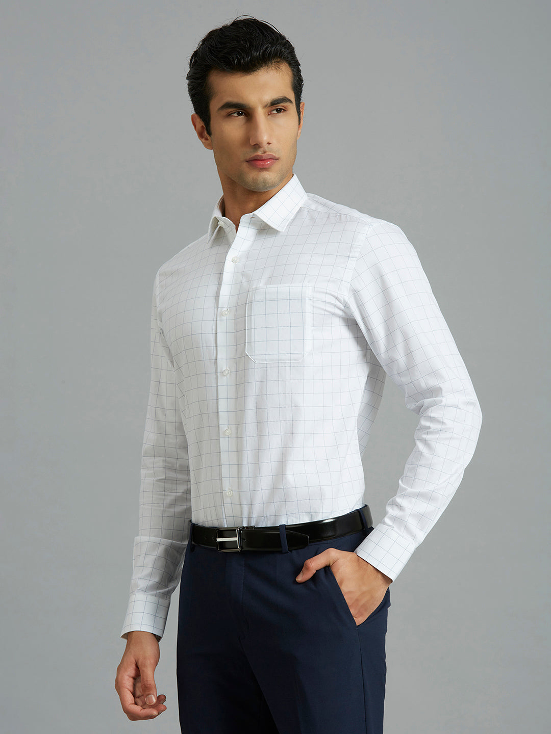 White & Navy Checks Pima Cotton Regular Fit Formal Full Sleeve Shirt