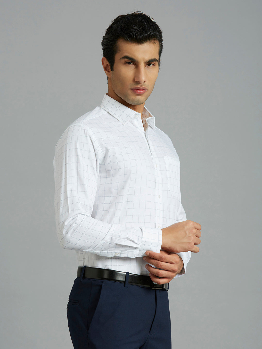 White & Navy Checks Pima Cotton Regular Fit Formal Full Sleeve Shirt