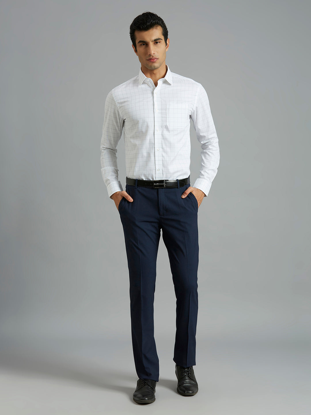 White & Navy Checks Pima Cotton Regular Fit Formal Full Sleeve Shirt