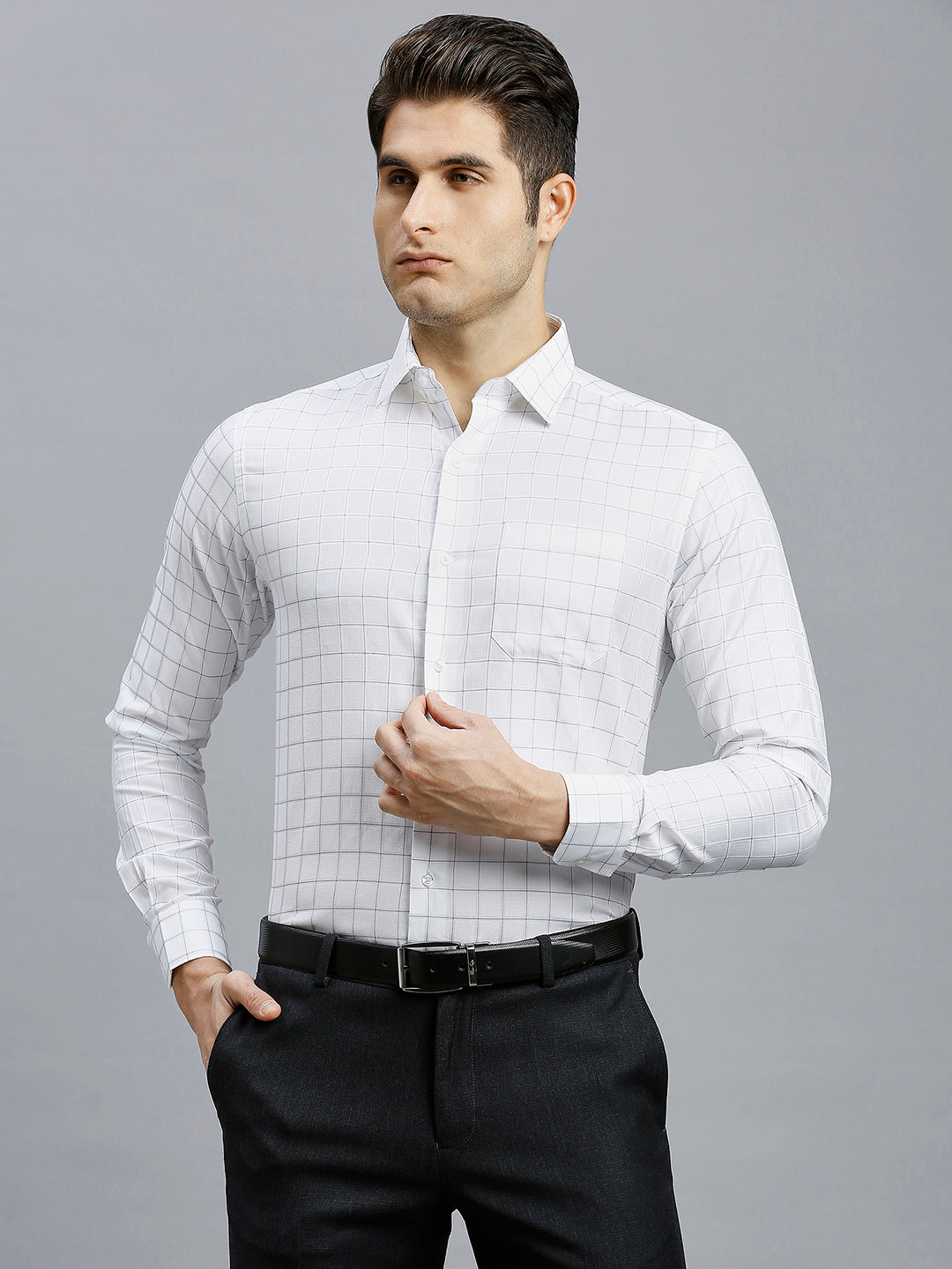 Sophisticated White & Navy Checks Pima Cotton Regular Fit Formal Full Sleeve Shirt