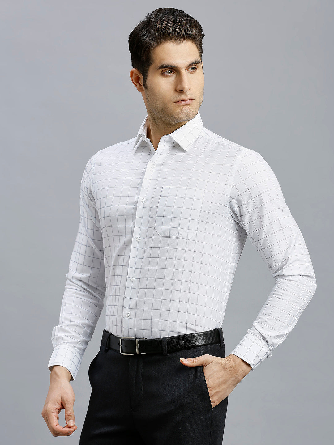 Sophisticated White & Navy Checks Pima Cotton Regular Fit Formal Full Sleeve Shirt
