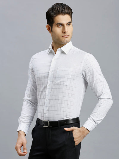 Men's Pure Cotton Checks Regular Fit Full Sleeve Formal Shirt - White & Blue