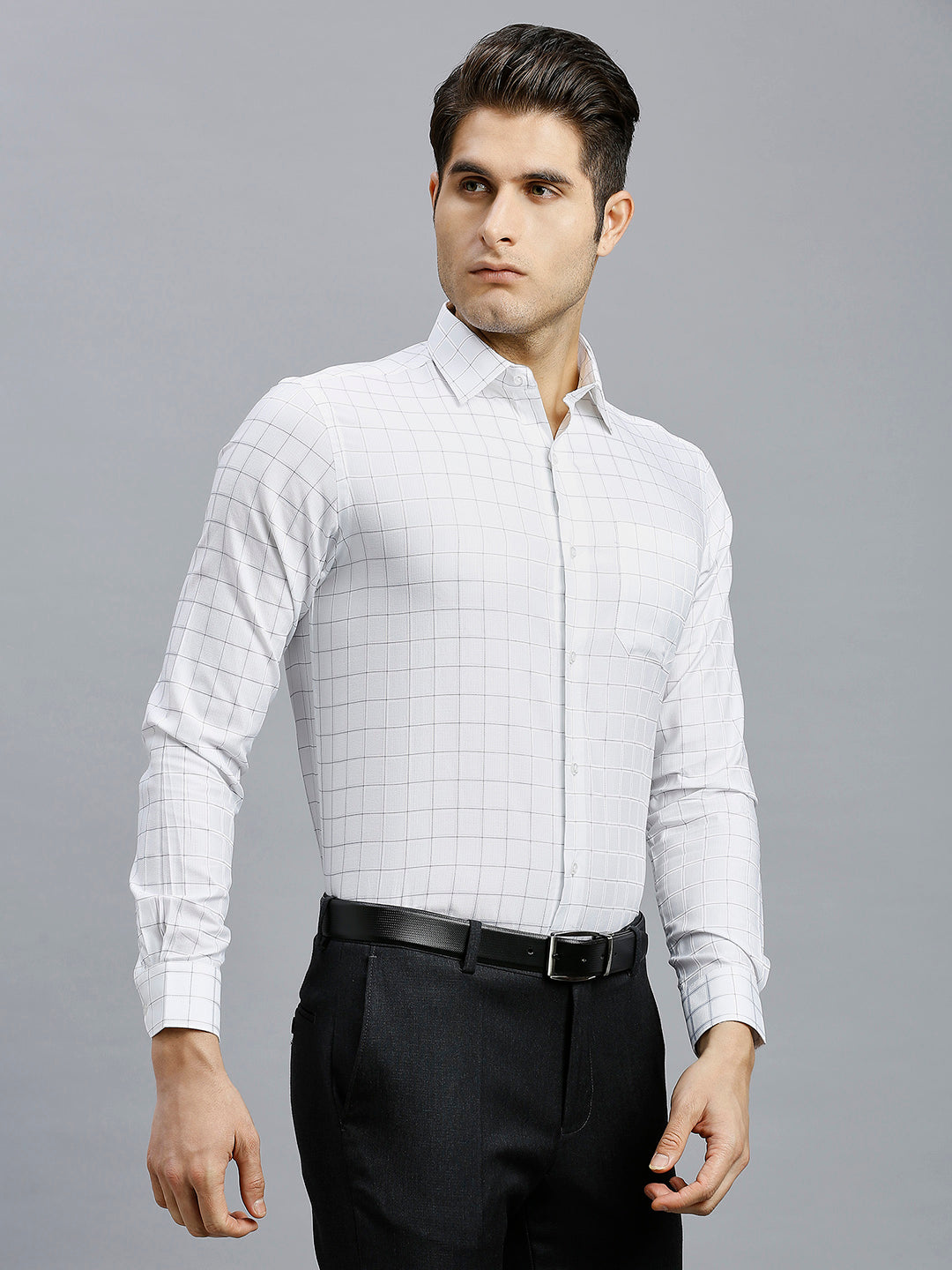 Sophisticated White & Navy Checks Pima Cotton Regular Fit Formal Full Sleeve Shirt