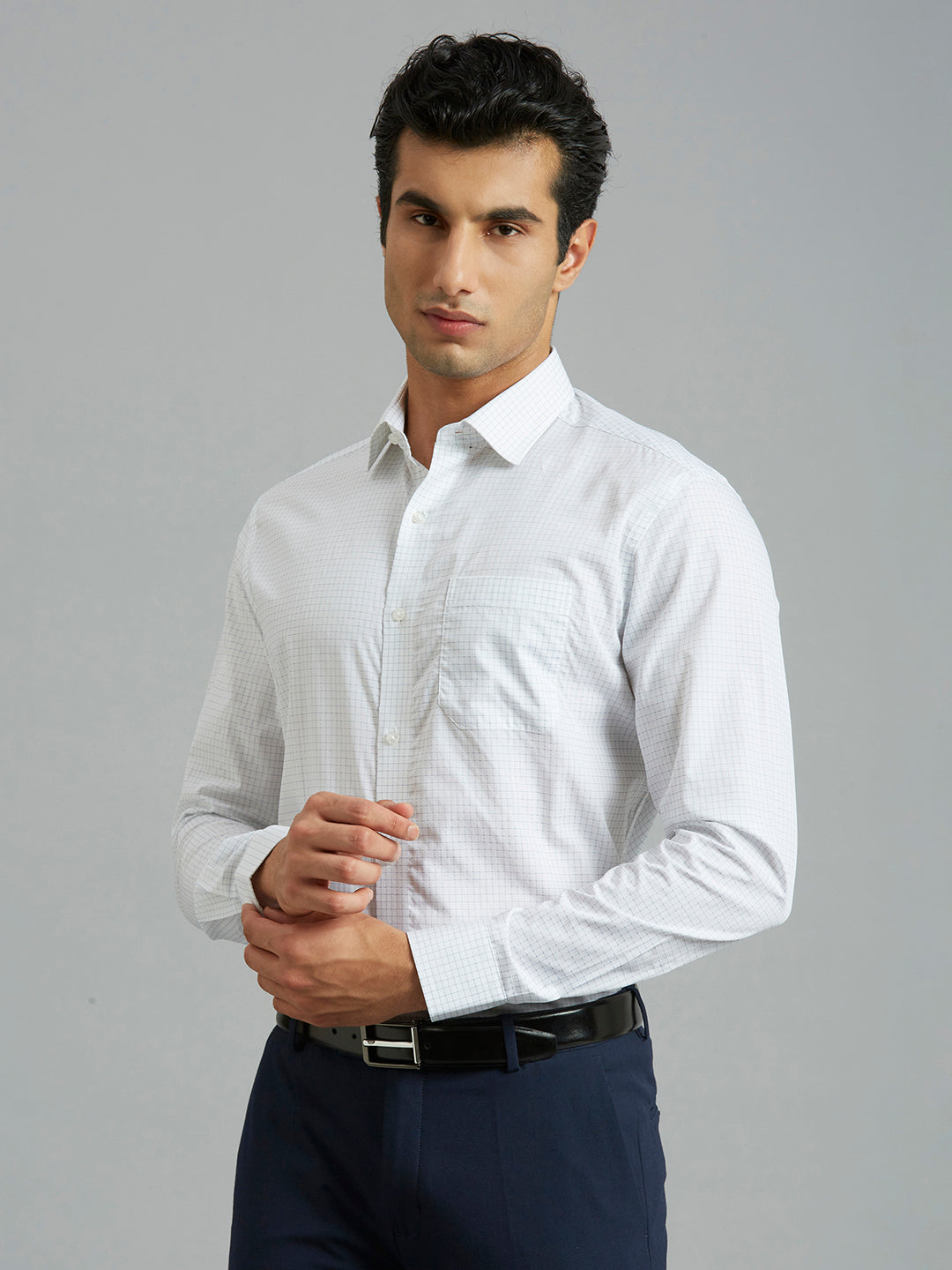 Perfect White & Light Blue Checks Pima Cotton Regular Fit Formal Full Sleeve Shirt