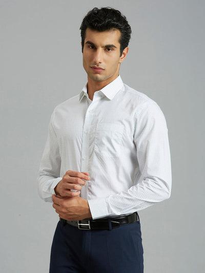 Men's Pure Cotton Checks Regular Fit Full Sleeve Formal Shirt - White & Blue