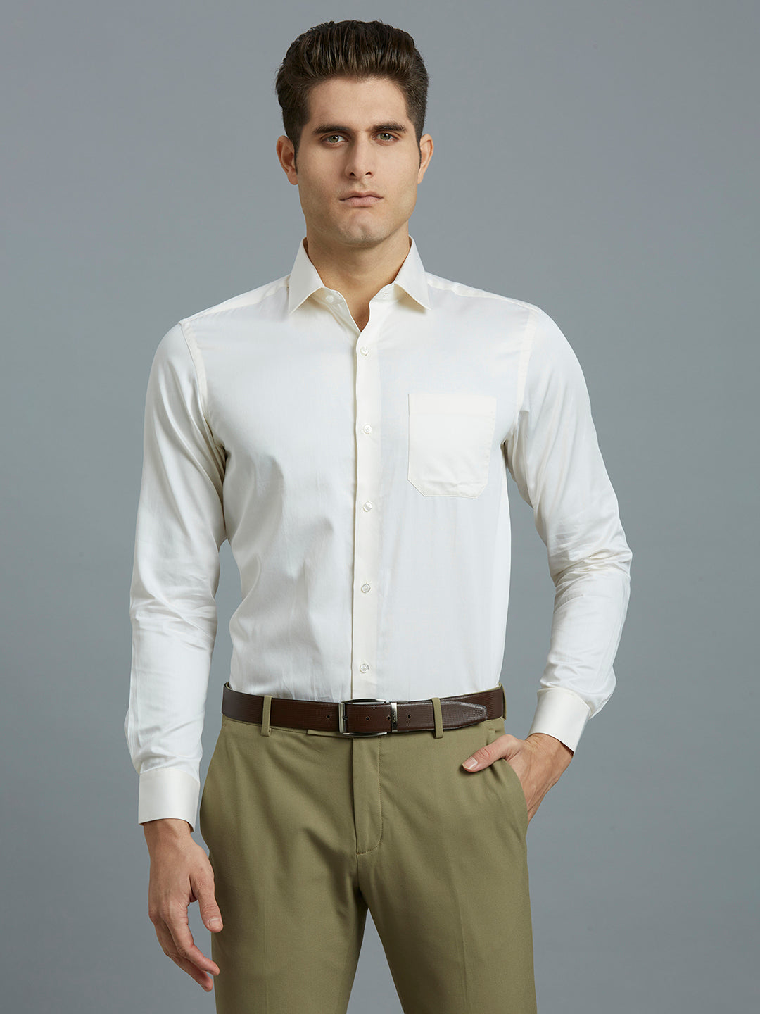 Cream Solid Pima Cotton Regular Fit Formal Full Sleeve Shirt