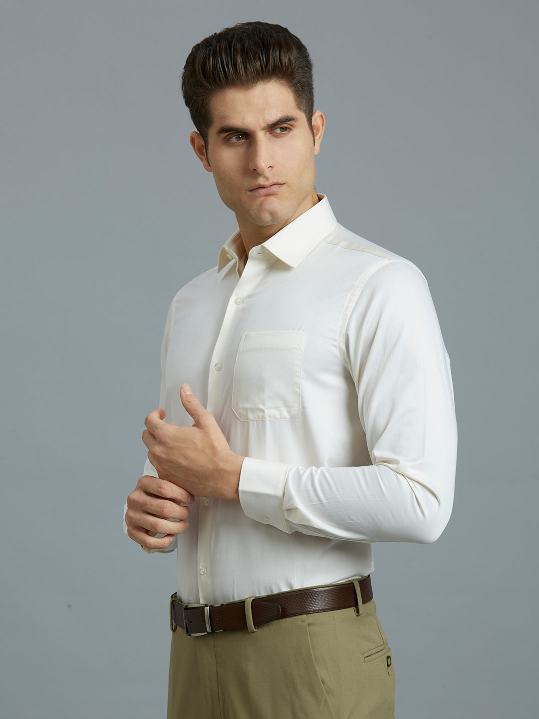 Cream Solid Pima Cotton Regular Fit Formal Full Sleeve Shirt