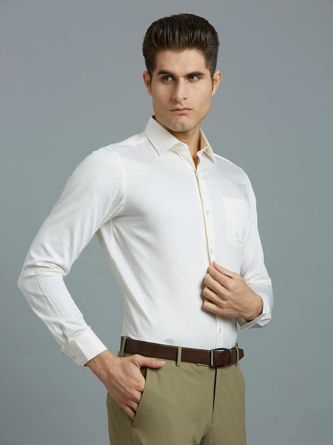 Cream Solid Pima Cotton Regular Fit Formal Full Sleeve Shirt