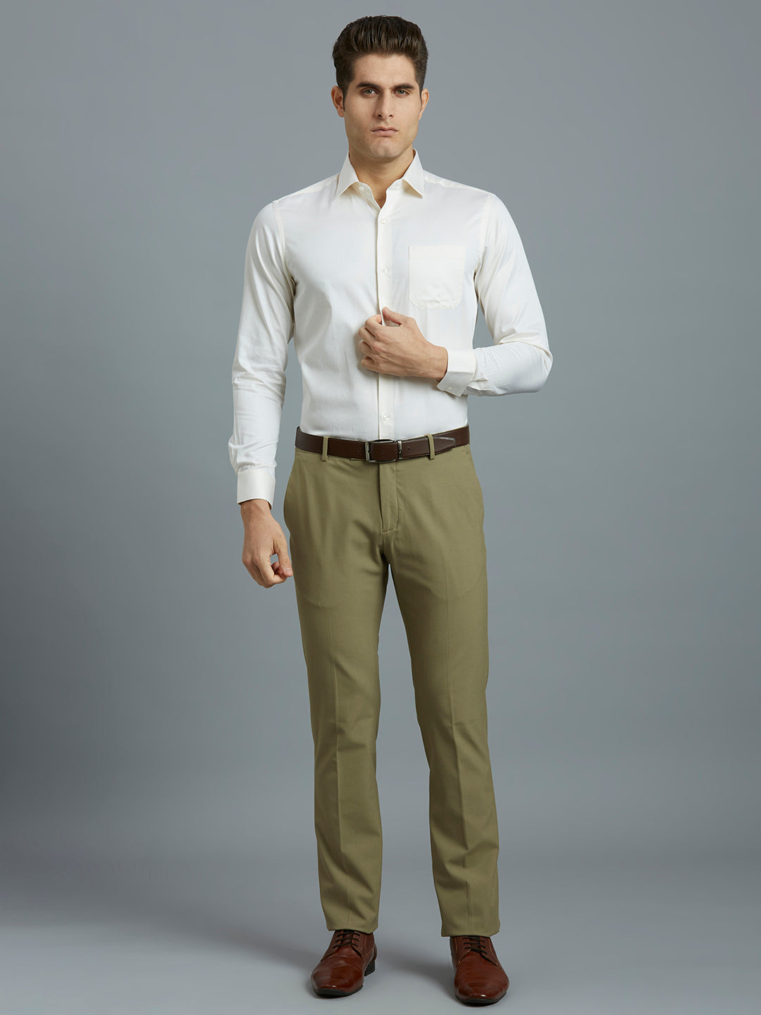 Cream Solid Pima Cotton Regular Fit Formal Full Sleeve Shirt