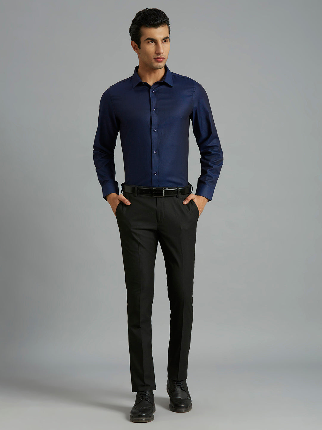 Modern Dark Blue Solid 100% Cotton Slim Fit Formal Full Sleeve Shirt