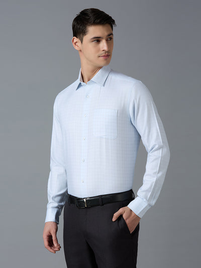 Men's Pure Cotton Checks Regular Fit Full Sleeve Formal Shirt - White & Blue