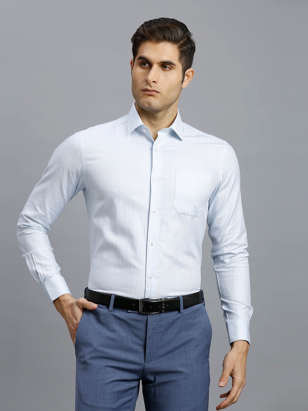 White & Light Blue & Grey Dobby Stripe 100% Cotton Regular Fit Formal Full Sleeve Shirt
