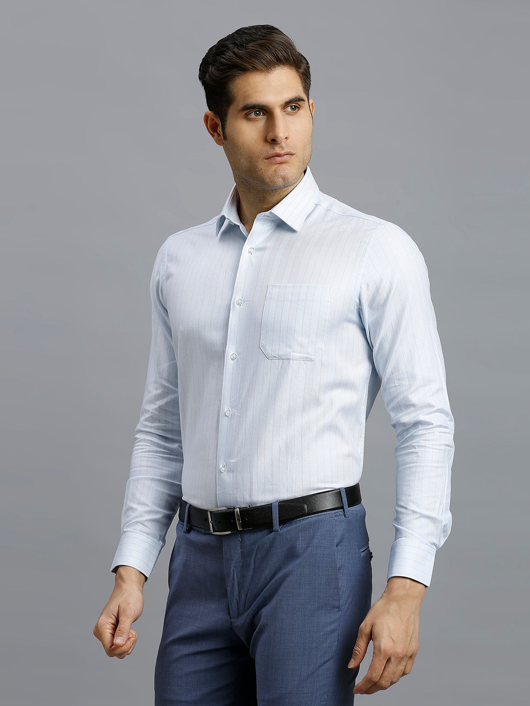 White & Light Blue & Grey Dobby Stripe 100% Cotton Regular Fit Formal Full Sleeve Shirt