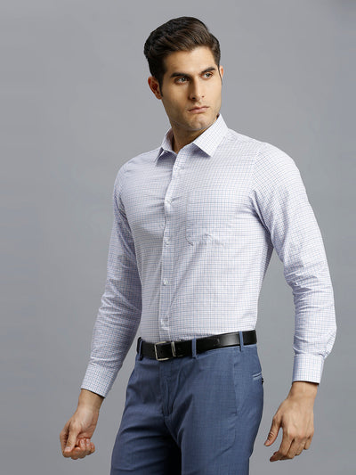 Men's Pure Cotton Checks Slim Fit Full Sleeve Formal Shirt - White & Blue