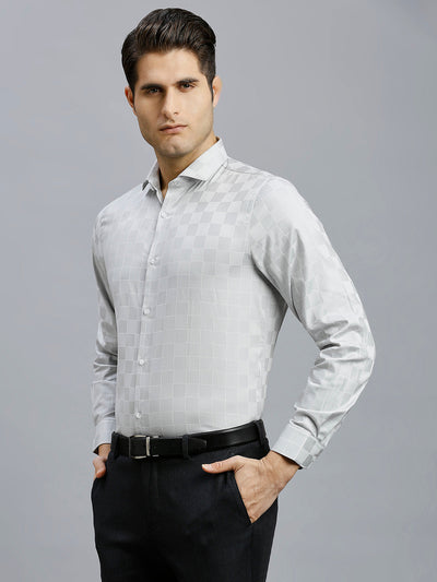 Men's Pure Cotton Checks Slim Fit Full Sleeve Formal Shirt - Light Grey