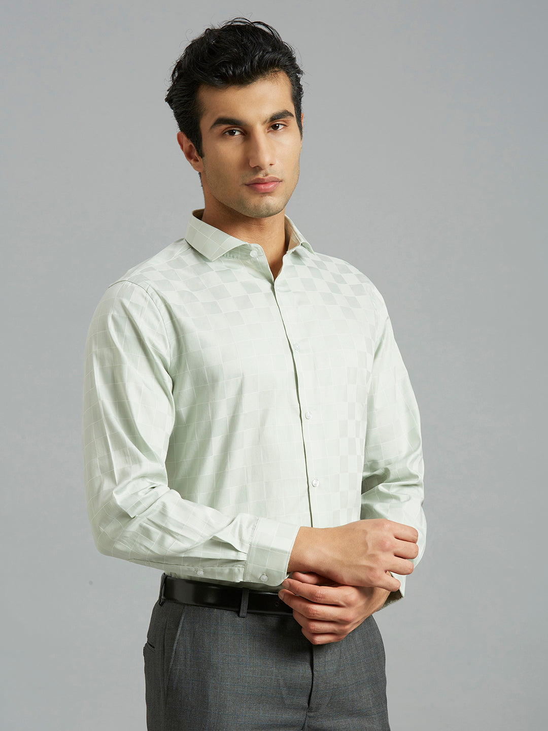 Light Green Checks 100% Cotton Slim Fit Formal Full Sleeve Shirt